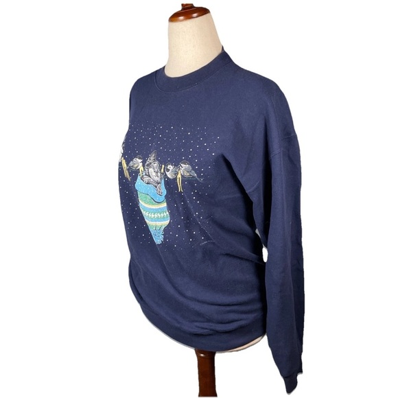 Endless Designs Vintage Winter Cat Birds Crewneck Sweatshirt Size Large In Blue - Picture 2 of 7